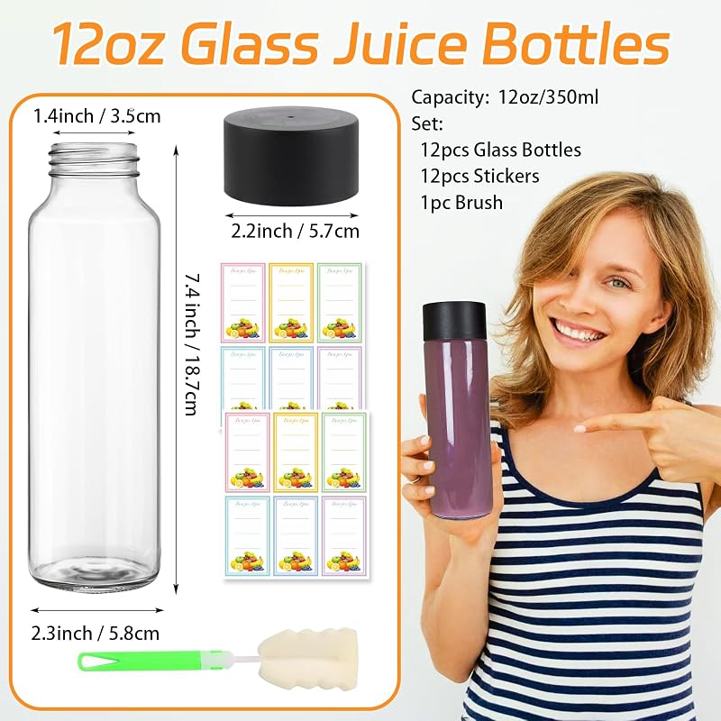 12 Botellas Vidrio 12oz con Tapas Negras Reutilizables
