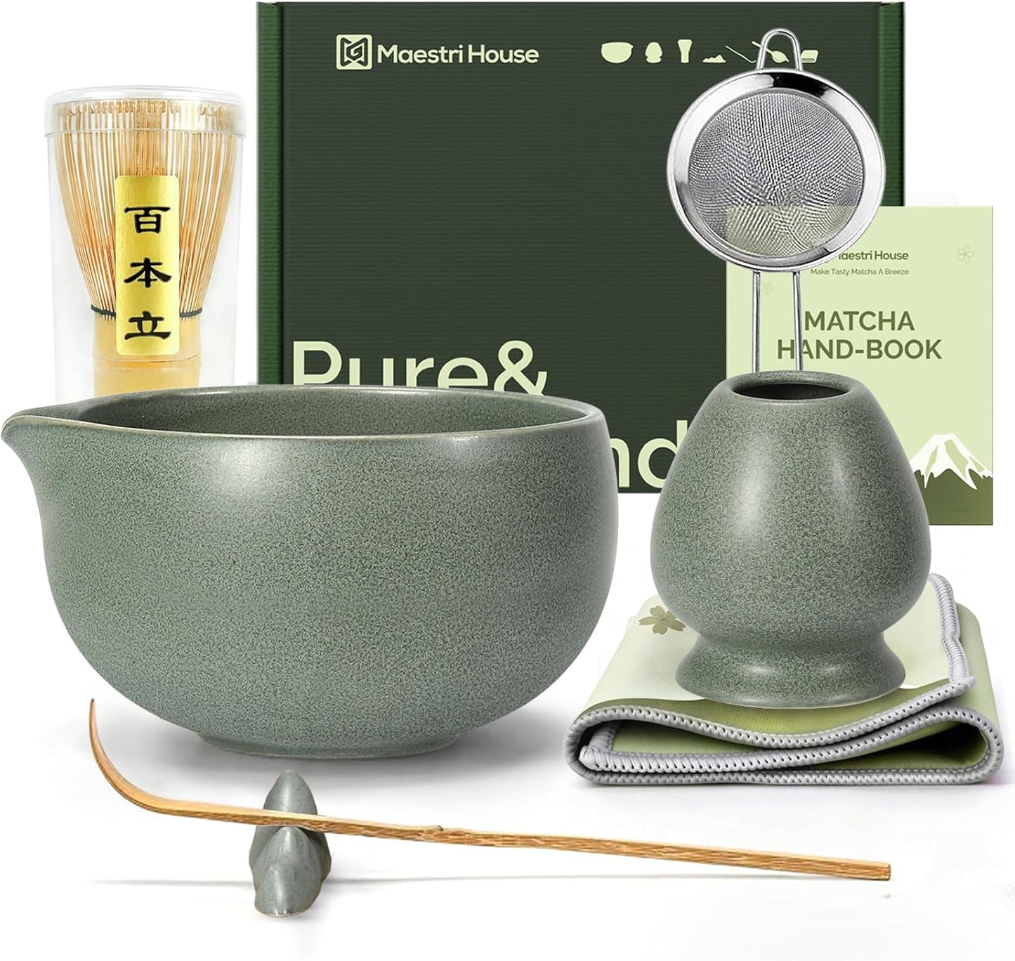 Set 7 Pzas Kit Matcha Cerámica Bambú Cuchara Tamizador