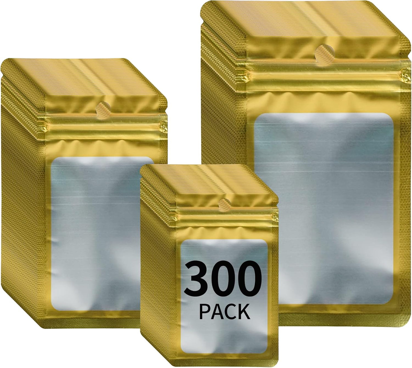 300 Bolsas Mylar Resellables 3 Tamaños Ventana Dorado 3x4.7"