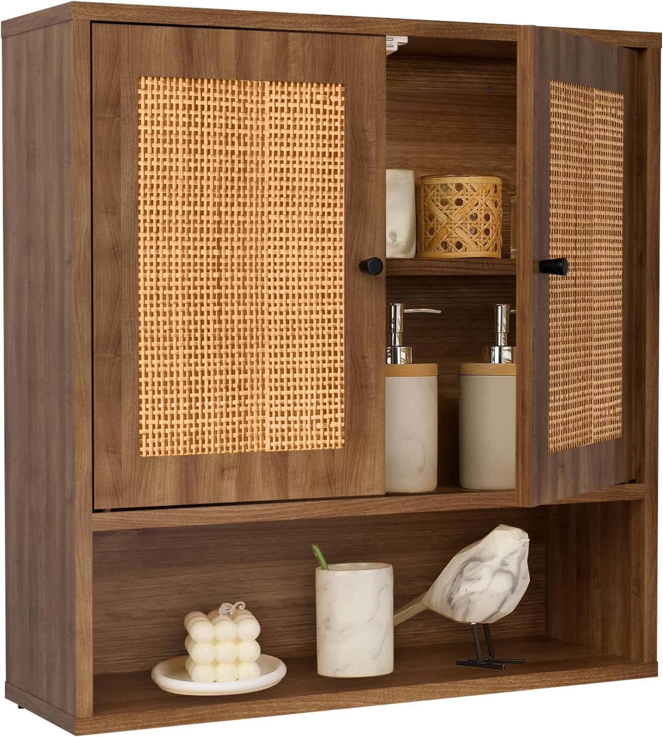 Armario pared puertas dobles ratán 3 niveles baño 23x7x24"