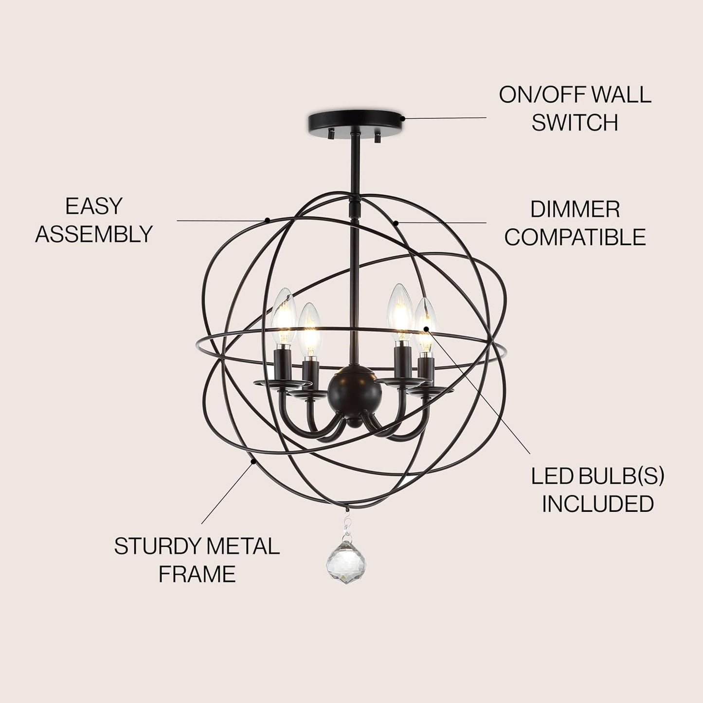 Lámpara techo bronce 23pulg 4 luces cristal ETL LED