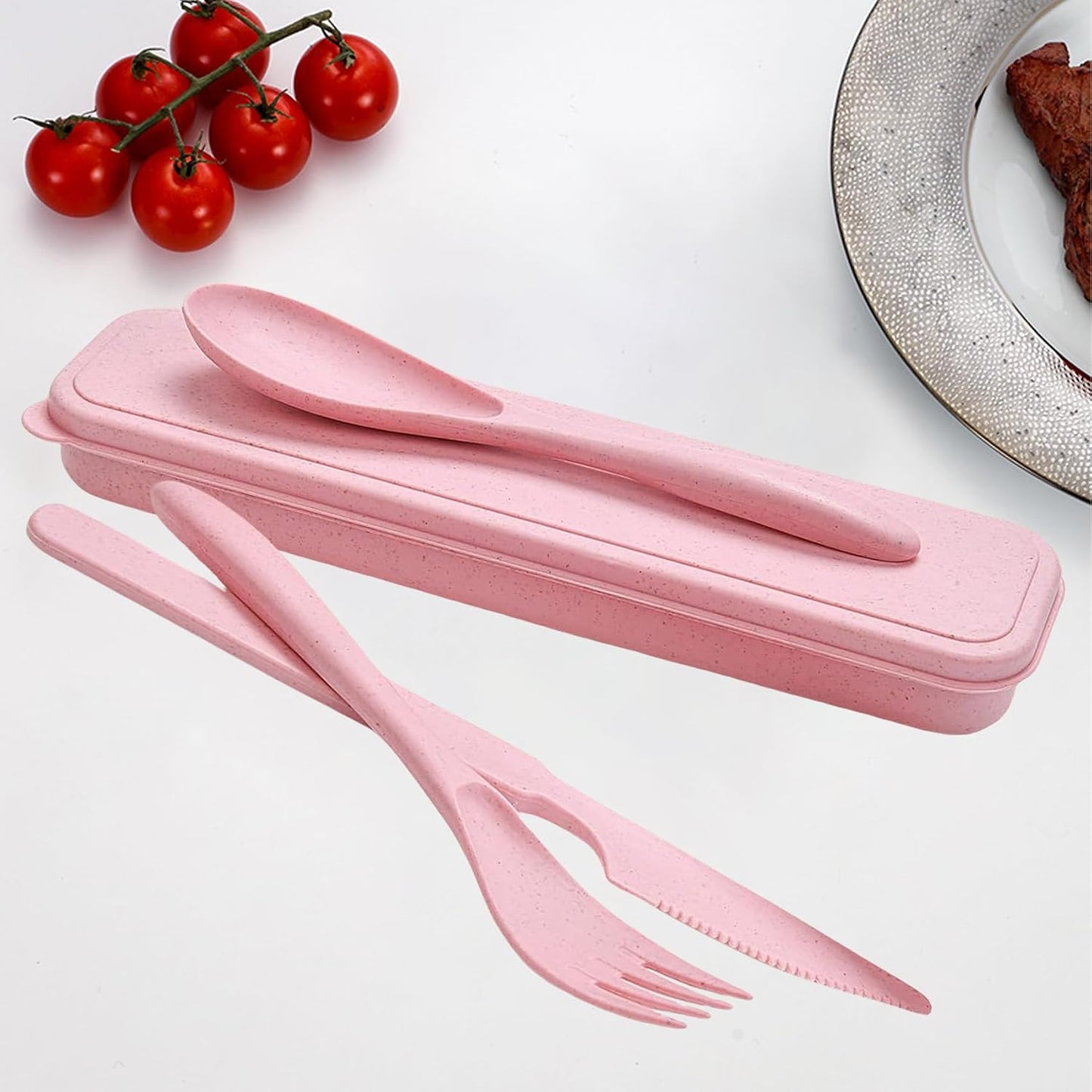 Set 2 cubiertos viaje reutilizables plástico sin BPA morado y rosa
