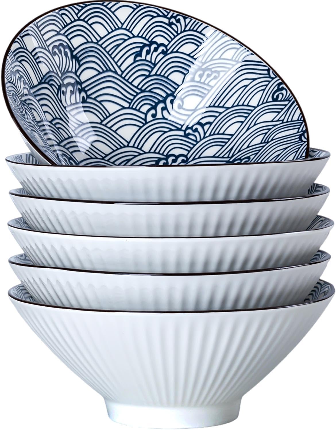6 Pzas Cuencos Cerámica Ramen 8pulg Azul y Blanco