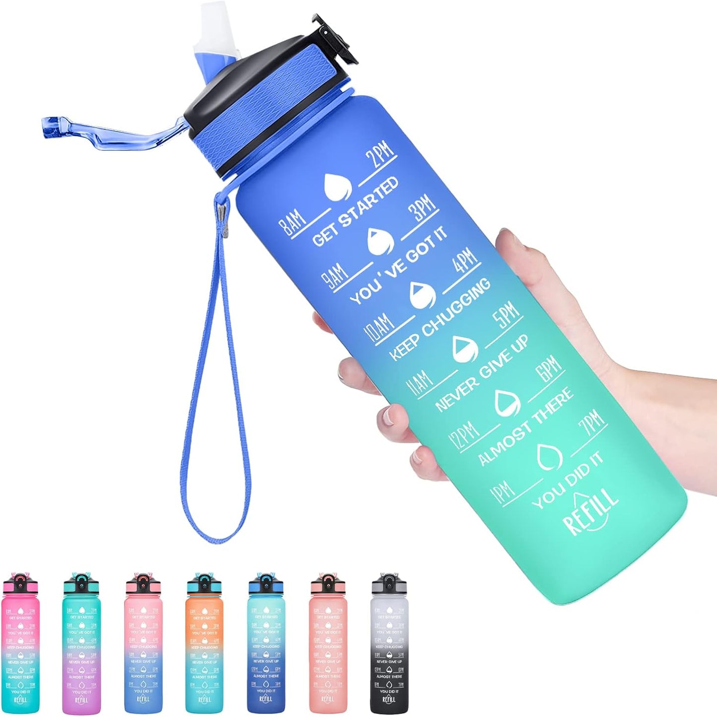 Botella agua Tritan 32oz con marcador tiempo fitness