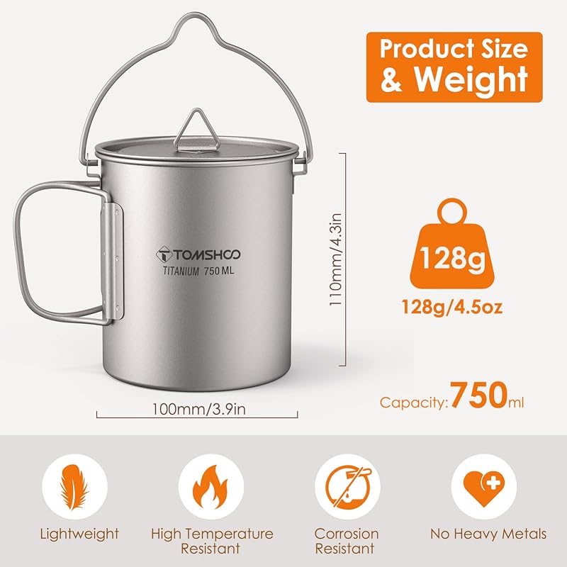 Taza titanio camping con tapa mango plegable 25.4oz
