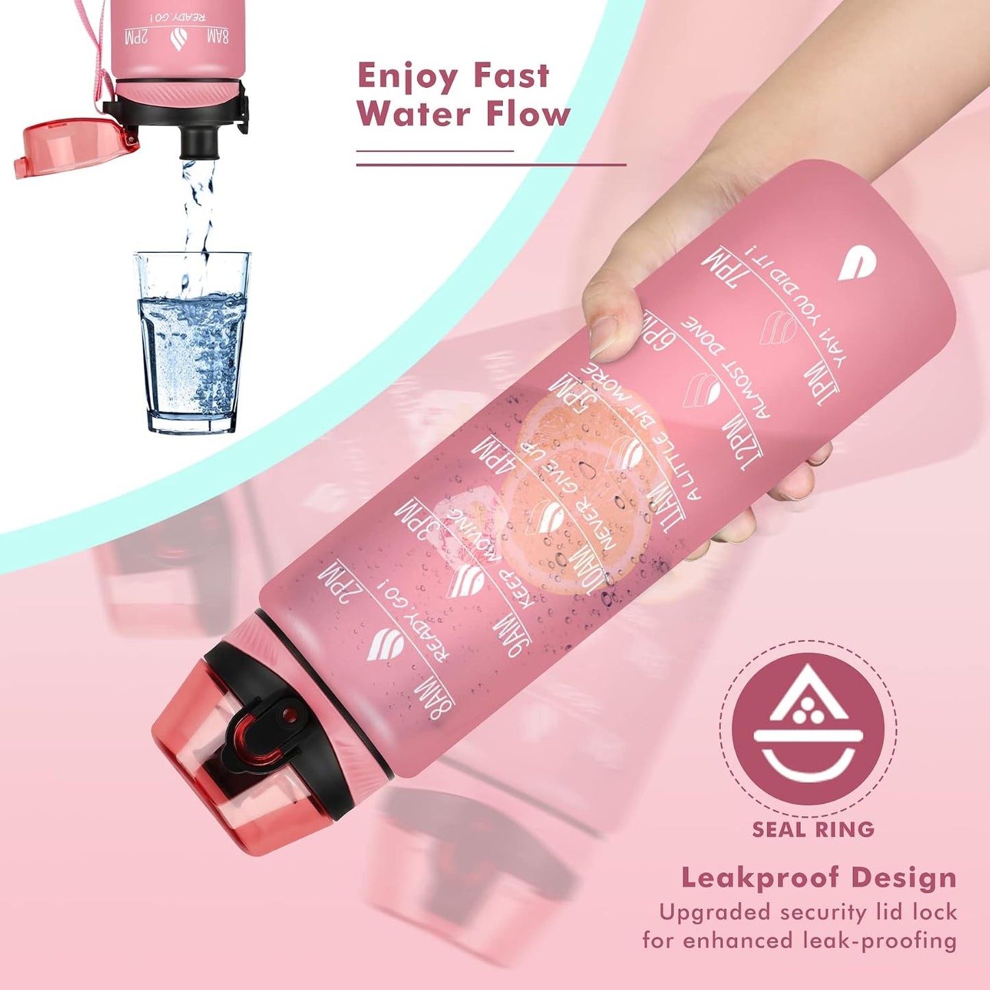 Botella agua Tritan 32oz con marcador tiempo colador