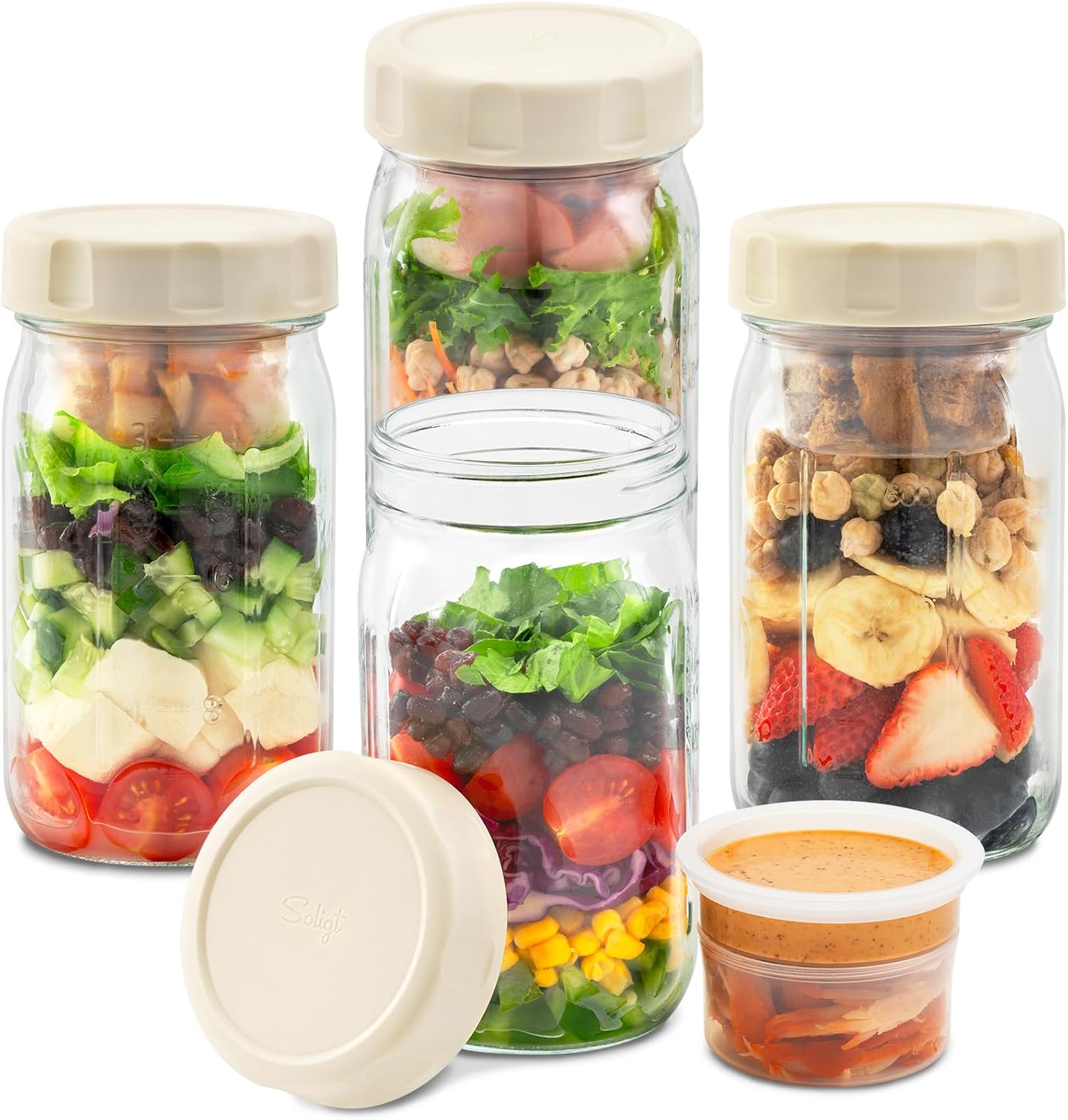 4 Tarros Vidrio Ensalada con Tapas para Almuerzo y Aderezo