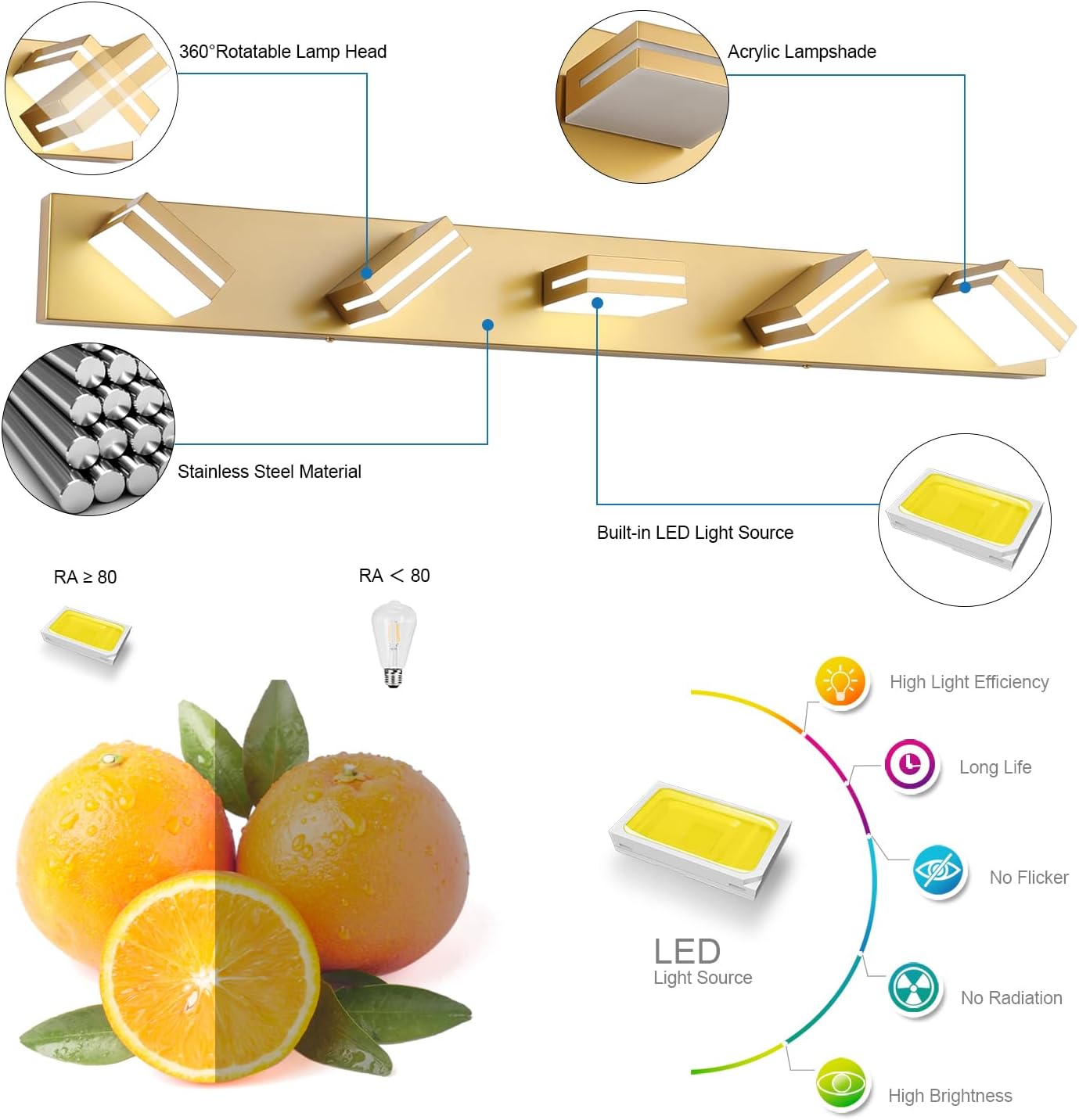 Lámpara LED tocador 40pulg regulable acrílico dorado