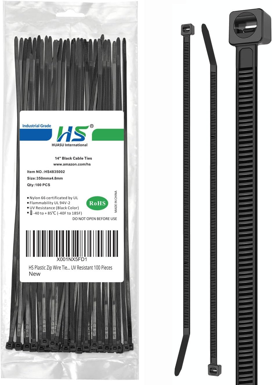 Bridas plástico alambre 14pulg resistentes UV 100pcs negro