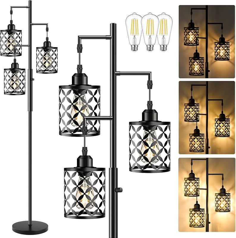 Lámpara pie regulable jaula metal 72" 3 LED 800lm negro