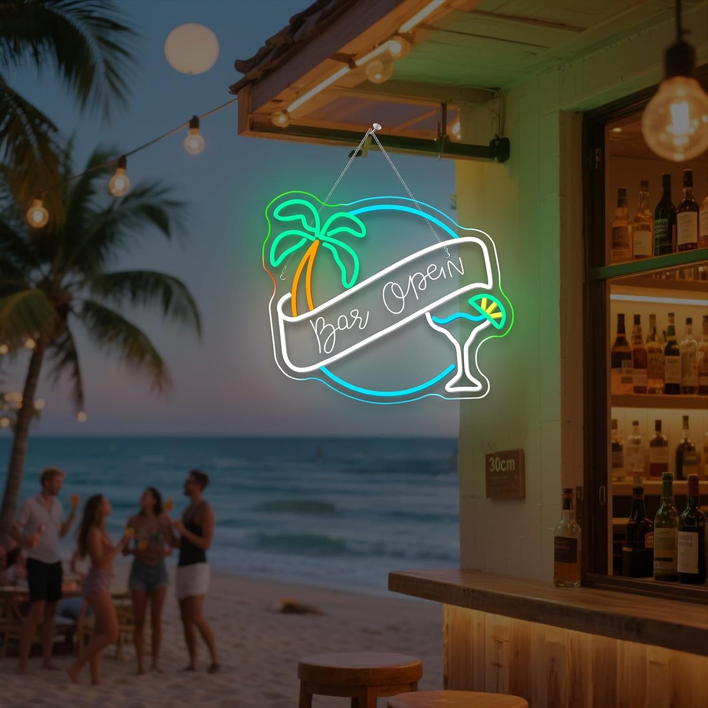 Letrero Neón Barra Abierta Led Árbol Coco Decoración Pared