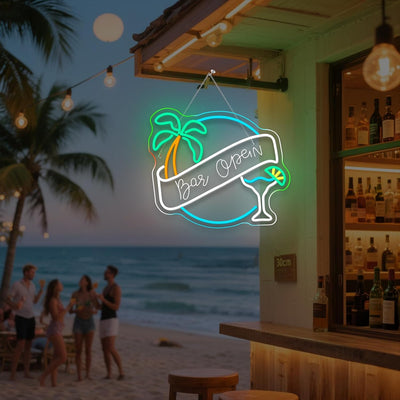 Letrero Neón Barra Abierta Led Árbol Coco Decoración Pared