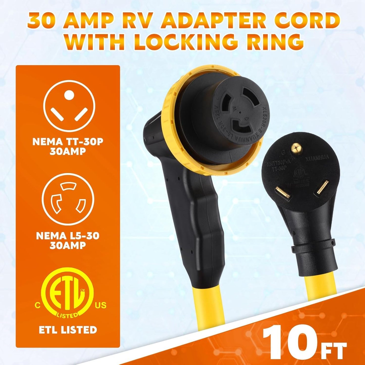 Cable extensión RV 30A NEMA TT-30P a L5-30R 10AWG/3C STW ETL