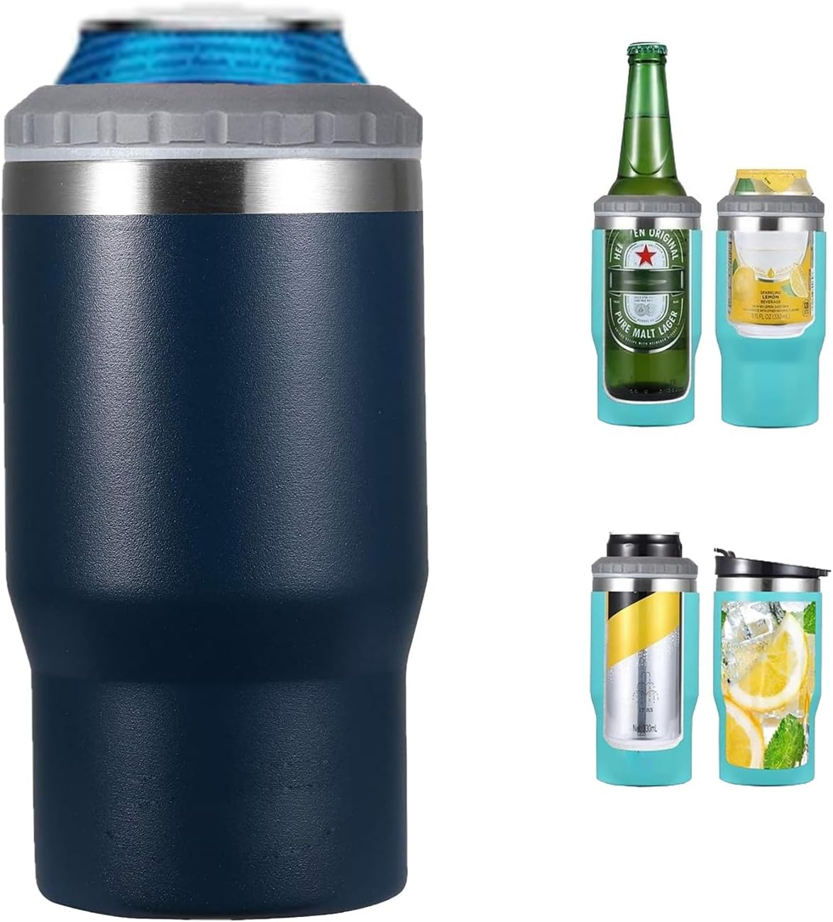 Aislador latas botellas acero inox 4en1 tapas 14oz azul