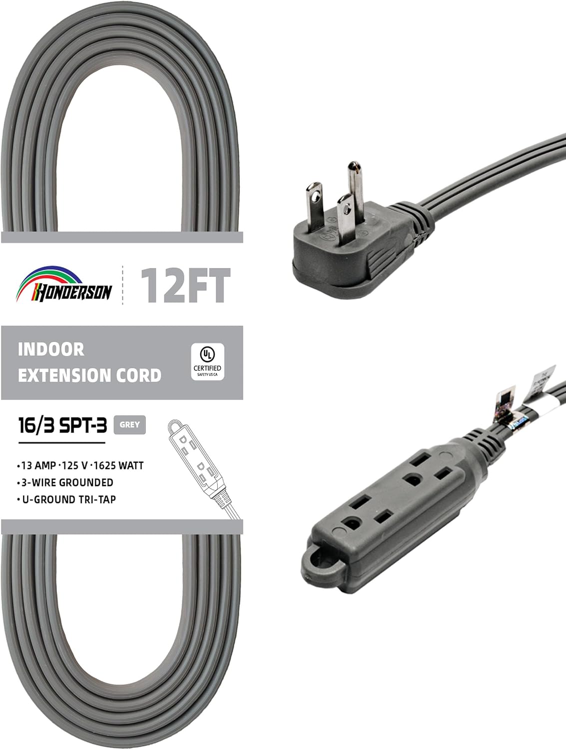Regleta enchufe plano 3 salidas 16/12pies cert UL gris