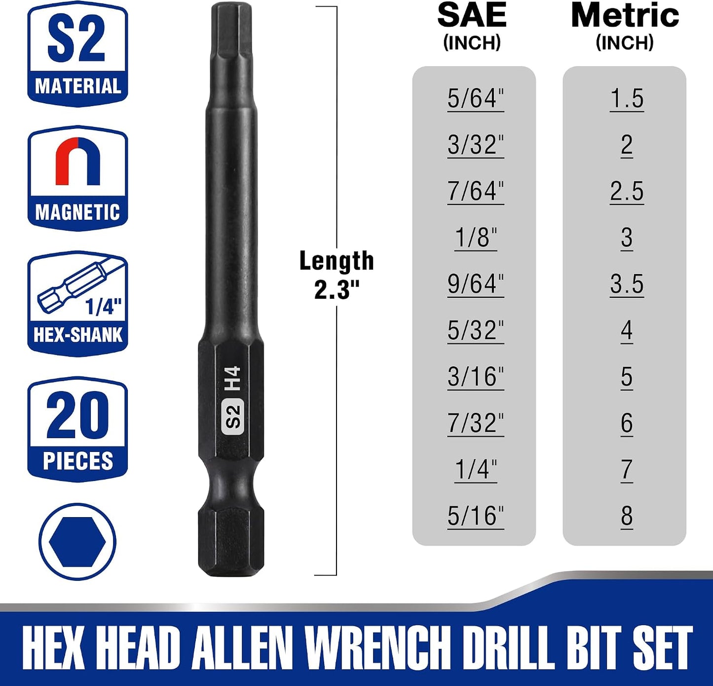 Set 20 brocas Allen S2 acero magnético 1/4pulg 2.3pulg