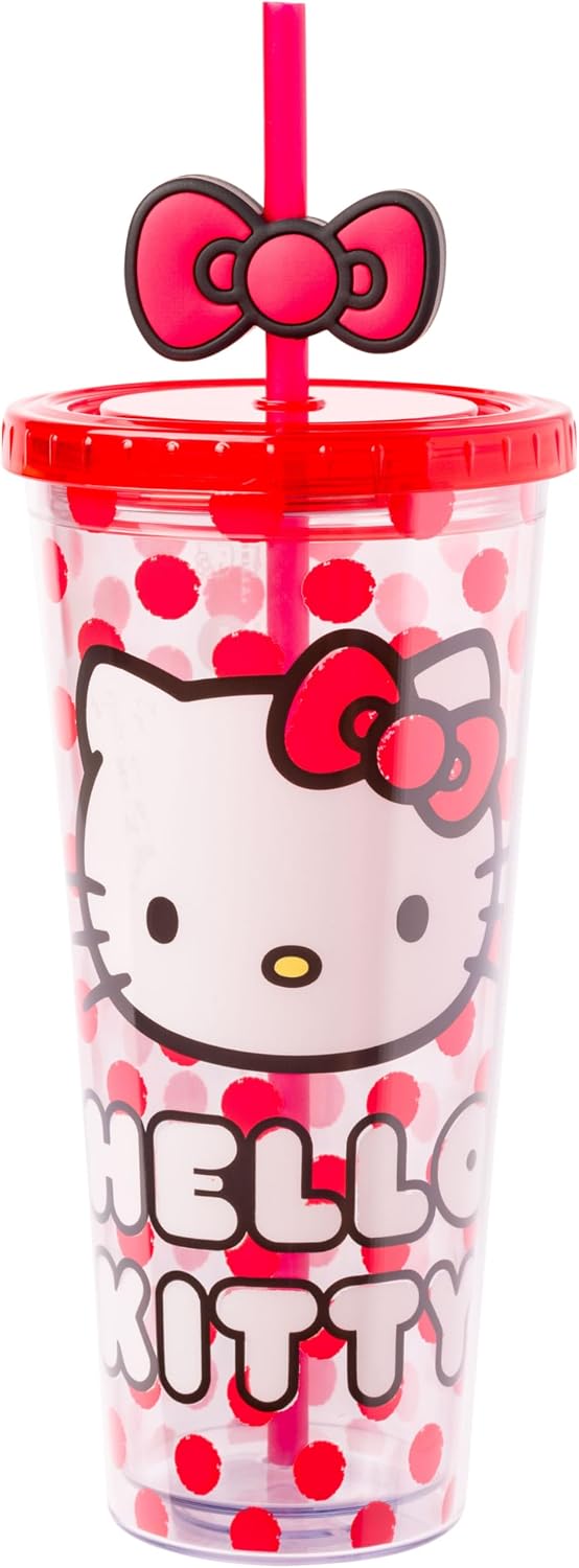 Taza fría plástico con tapa Hello Kitty lunares rojos 24oz
