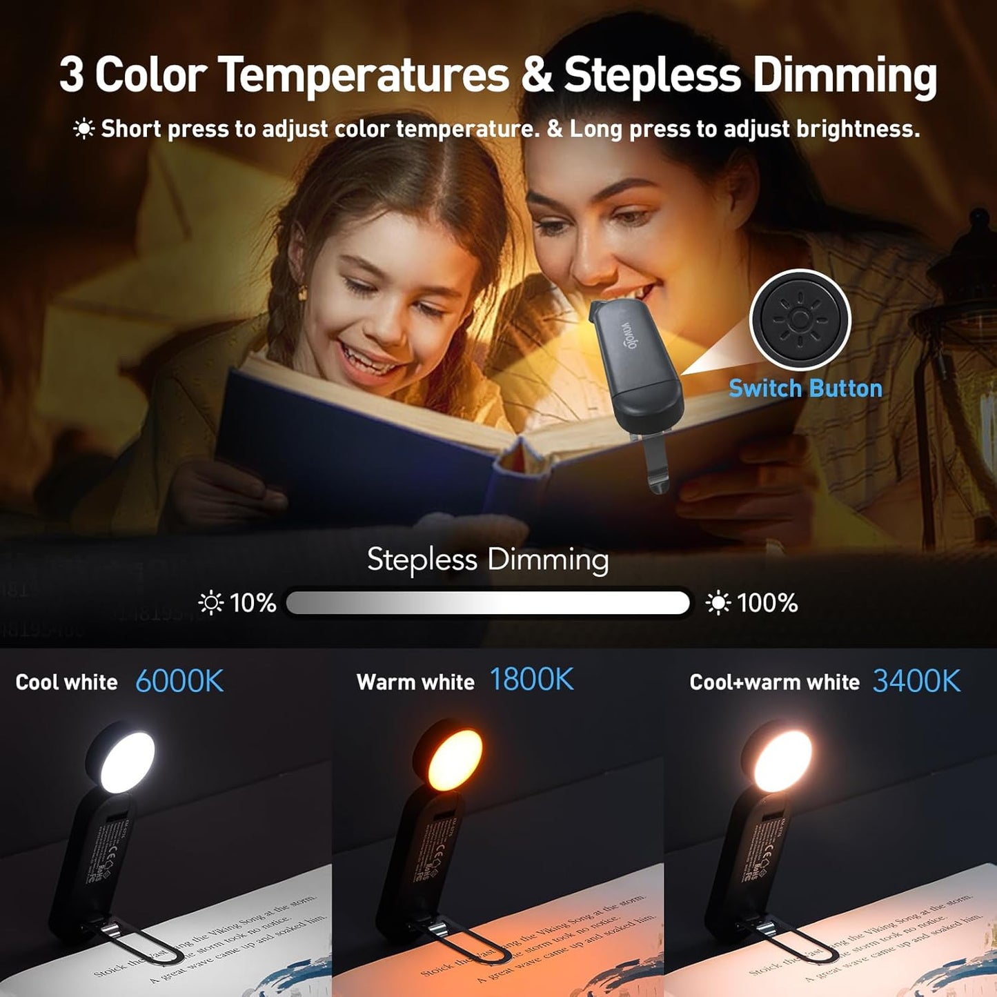 Luz lectura recargable USB con 6 LEDs y 9 modos