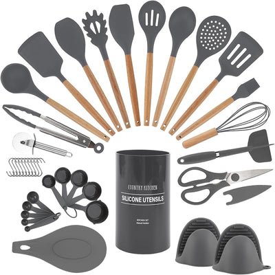 Set 38 Pzas Utensilios Silicón Antiadherente Madera Gris