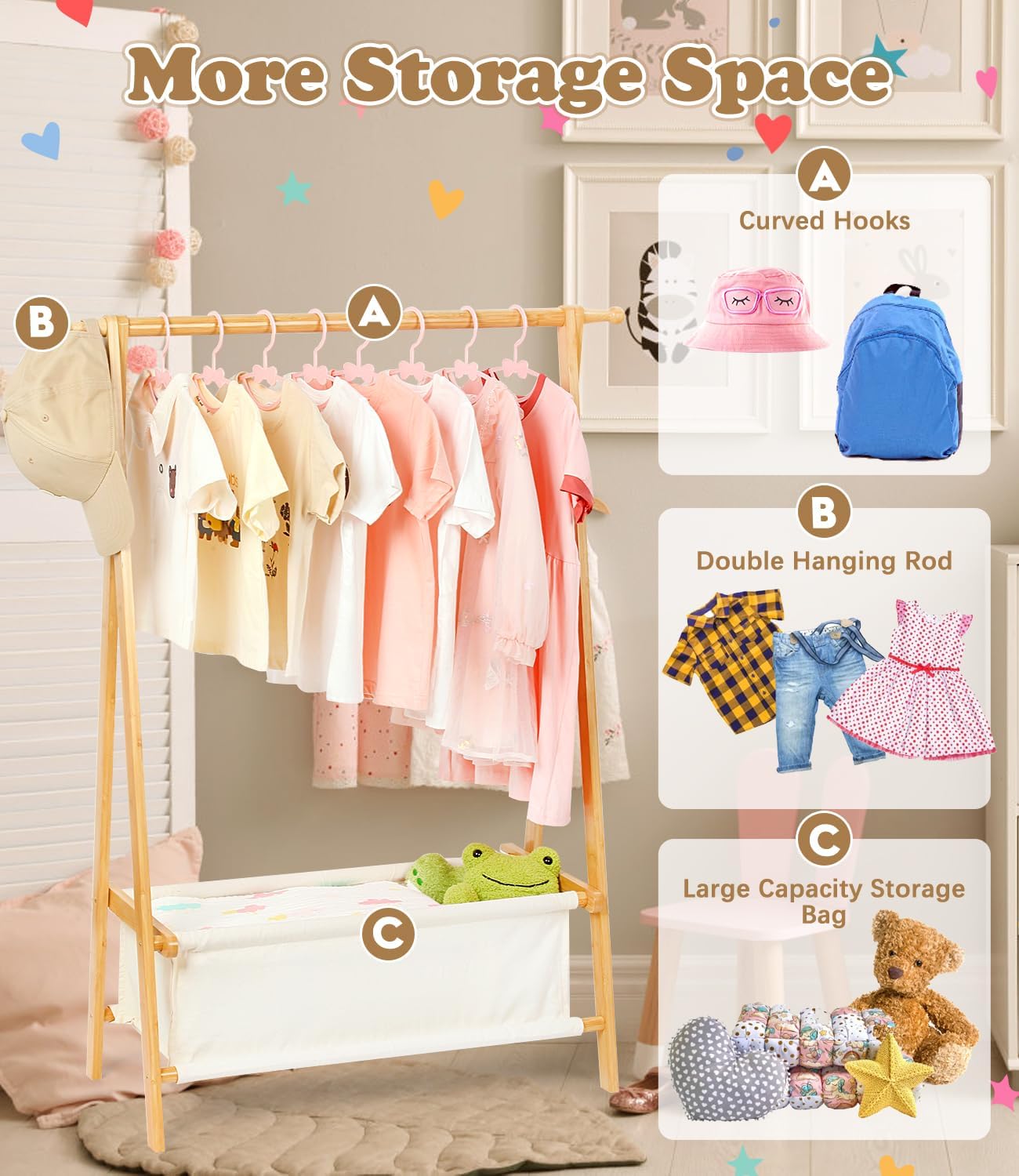 Perchero bambú para niños ropa pequeña color natural