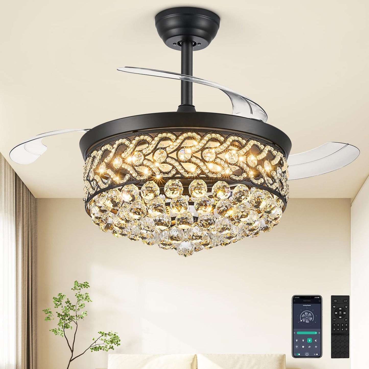 Ventilador techo cristal con luz led 42pulg retráctil