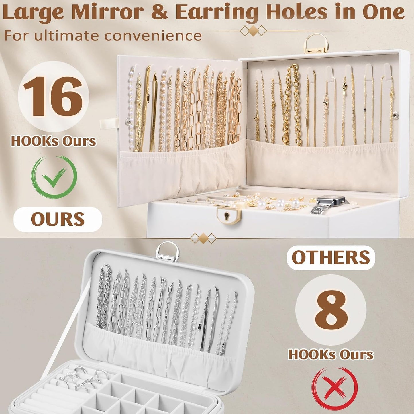 Joyero 3 capas mujer con espejo PU cajones blanco