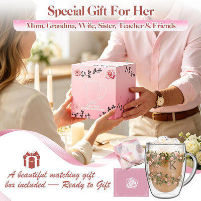 Taza Vidrio Doble Pared Rosa 12oz con Inicial para Mujer