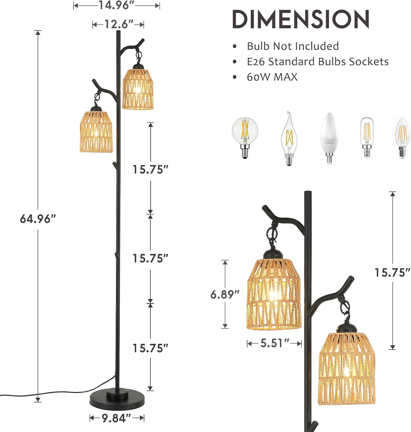Lámpara pie bohemia 2 luces ratán sala estudio dormitorio