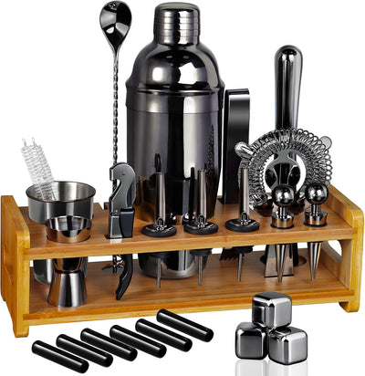 Set 26 Pzas Coctelera Acero Inox Soporte Bambú Kit Bartending Negro