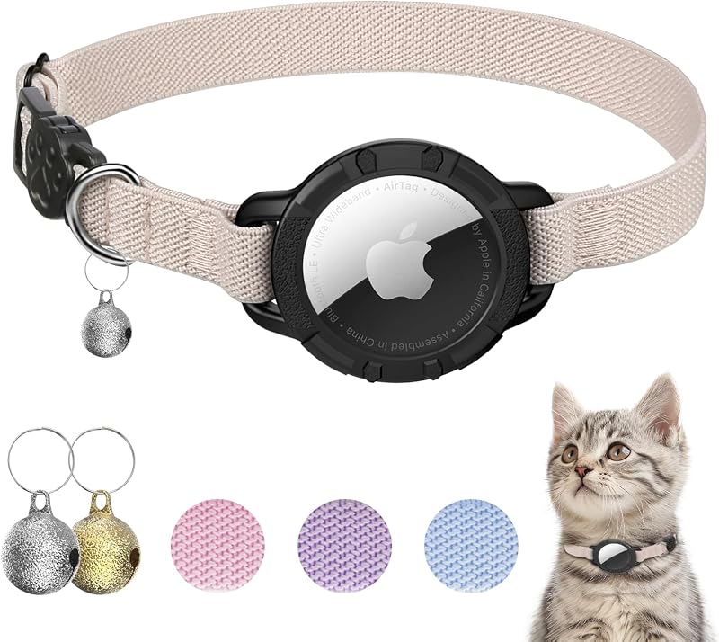 Collar elástico para gato con soporte Airtag y campana caqui