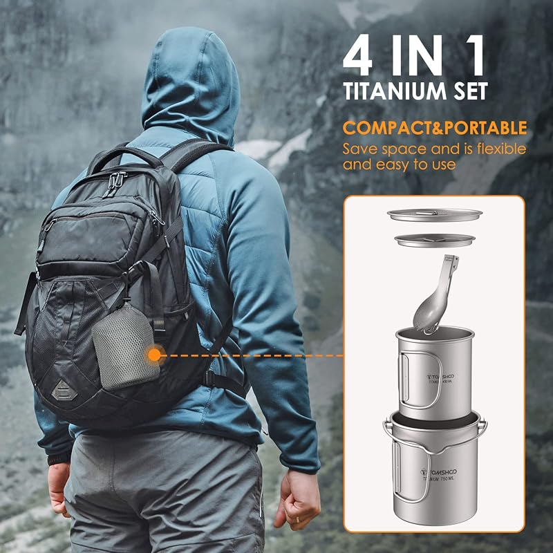 Taza titanio acampar con spork plegable mango senderismo