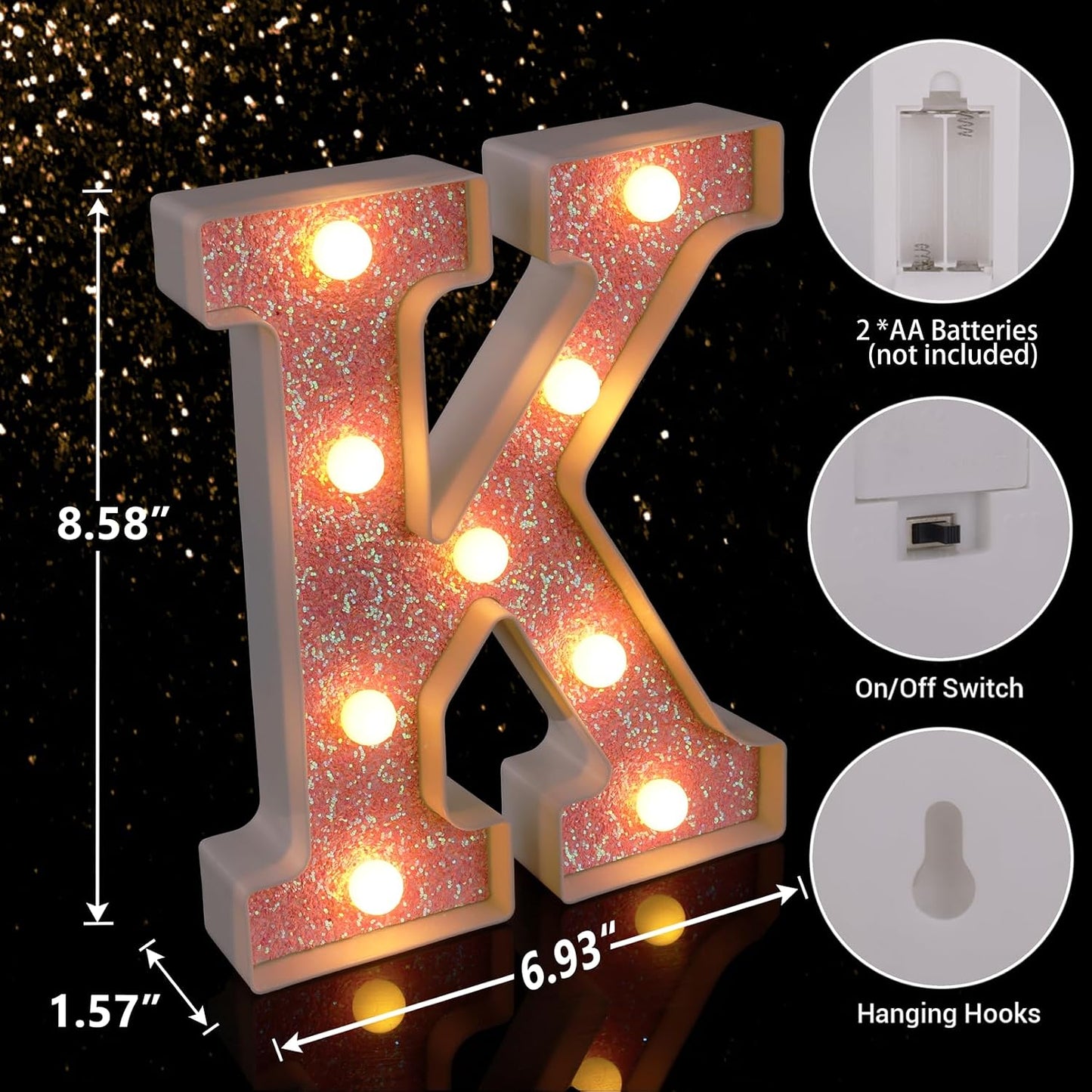 Luces LED Letras Rosa con Brillantina para Fiesta Boda Nocturno