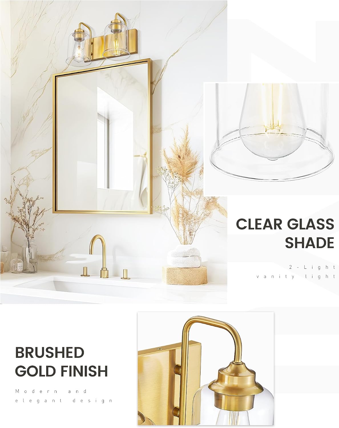 Aplique de pared 2 luces dorado para baño con pantalla