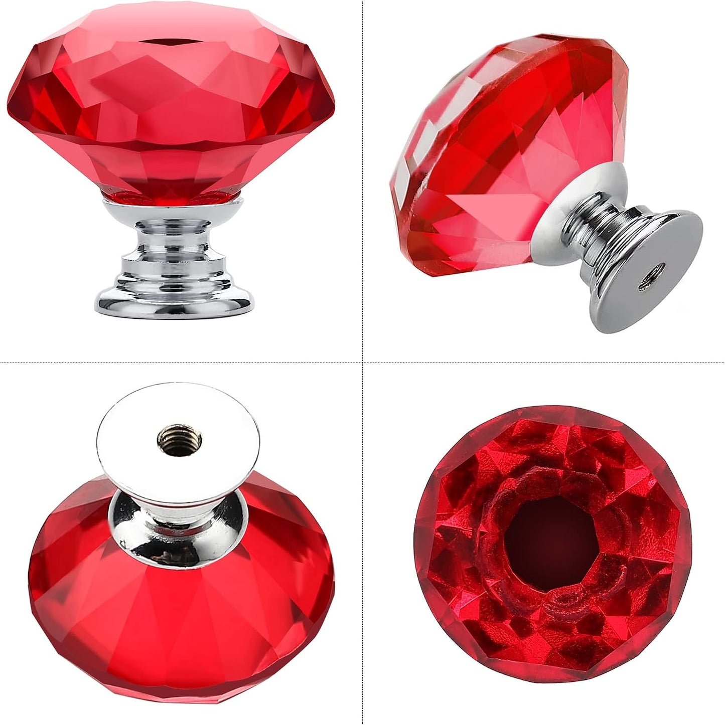 25 Pomos Cristal Rojo para Cajones Forma Diamante Base Plateada