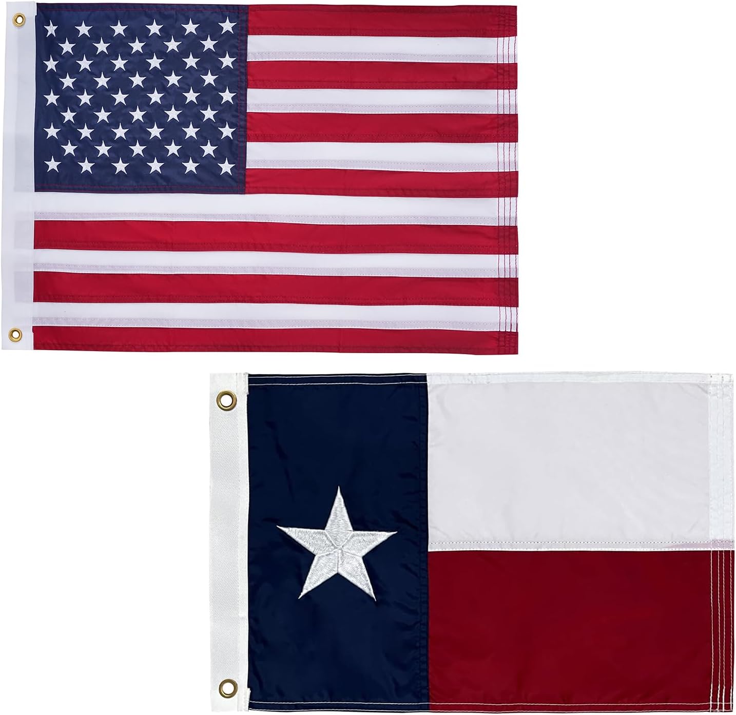 Bandera EE. UU. y Texas 12x18" bordadas con ojales latón