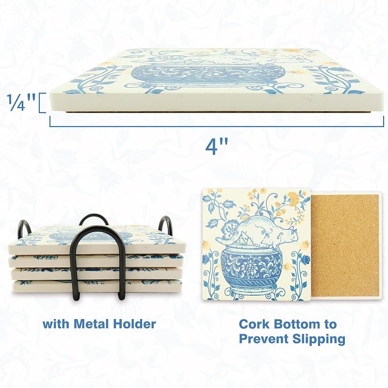 Portavasos cerámica chinoiserie azul y blanco para gatos set 4