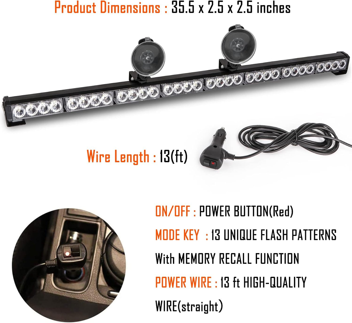 Barra luz LED estroboscópica 35.5" 13 patrones 32 luces