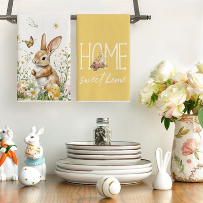 Juego de 4 toallas de cocina con diseño de conejo y mariposa para Pascua y primavera