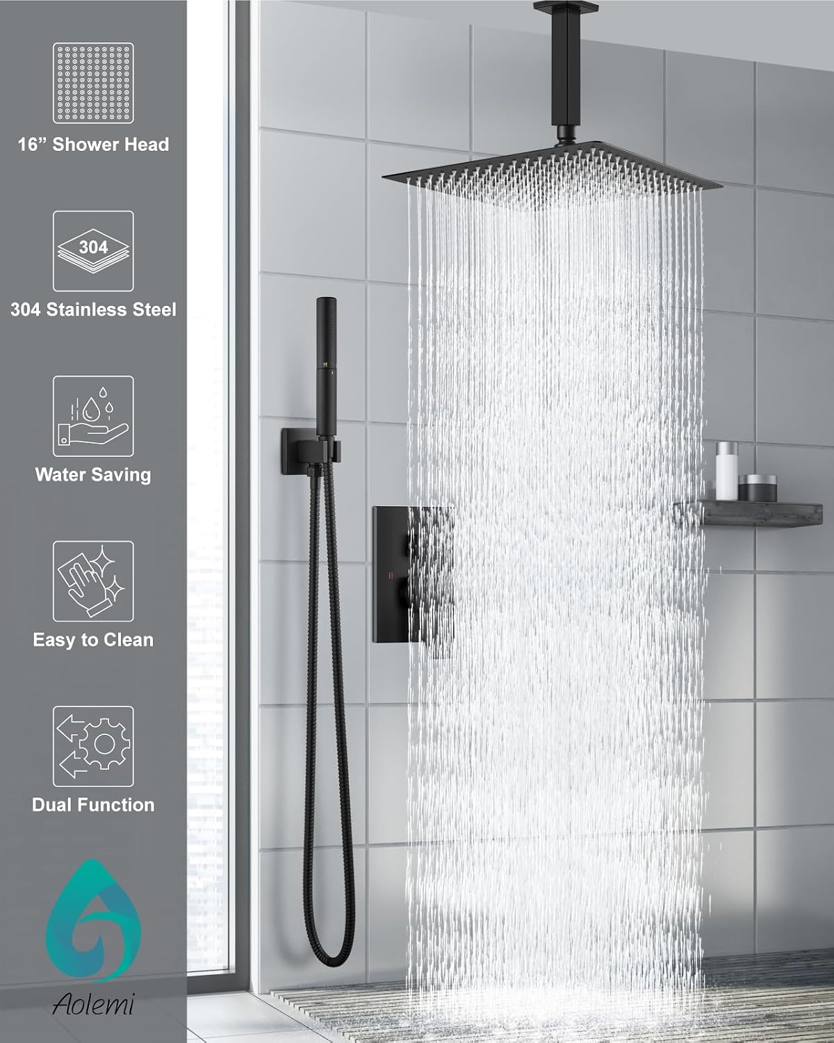 Set grifo ducha techo lluvia y cabezal mano 16pulg negro
