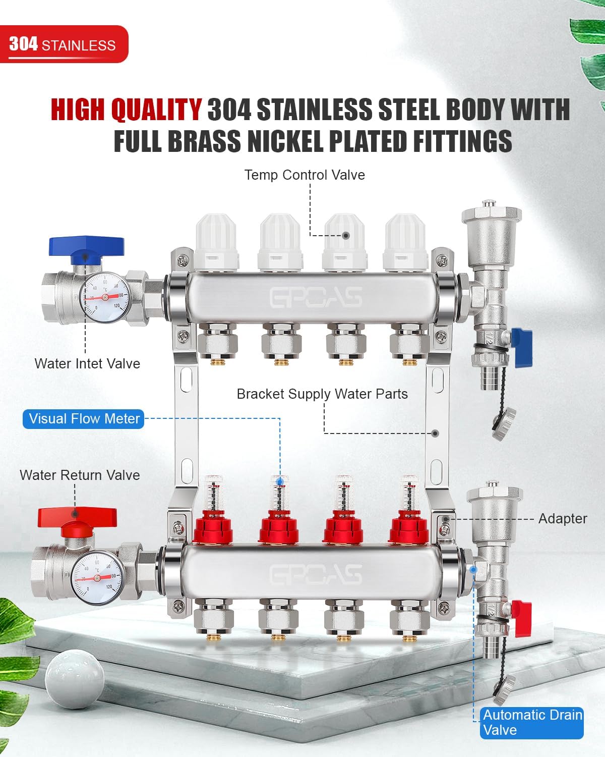 Kit colector calefacción PEX 4 ramas acero inox