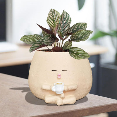 Maceta Cara Sonriente con Taza Café Resina para Suculentas
