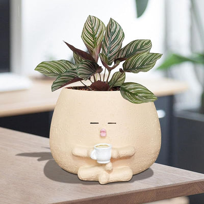 Maceta Cara Sonriente con Taza Café Resina para Suculentas