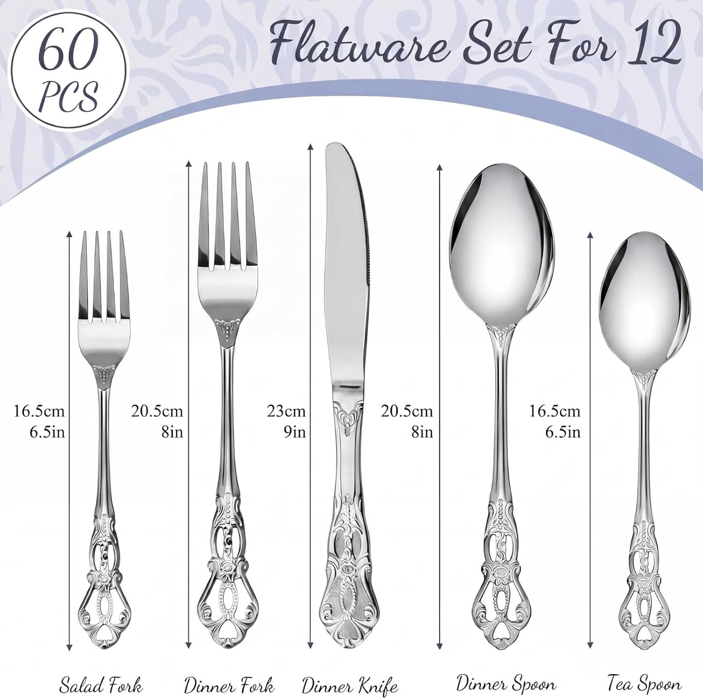 Set 60 Pzas Cubiertos Retro Plata Real Acero Inox