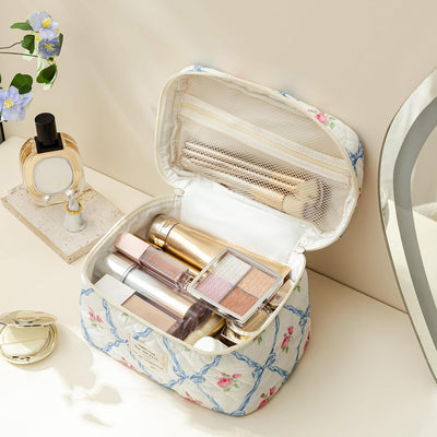 Bolsa maquillaje acolchada algodón con asa florales coquette