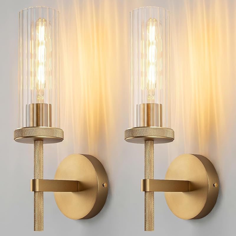 2 Apliques Pared 15" Cable Dorado Tubo Vidrio Rayas Moderna