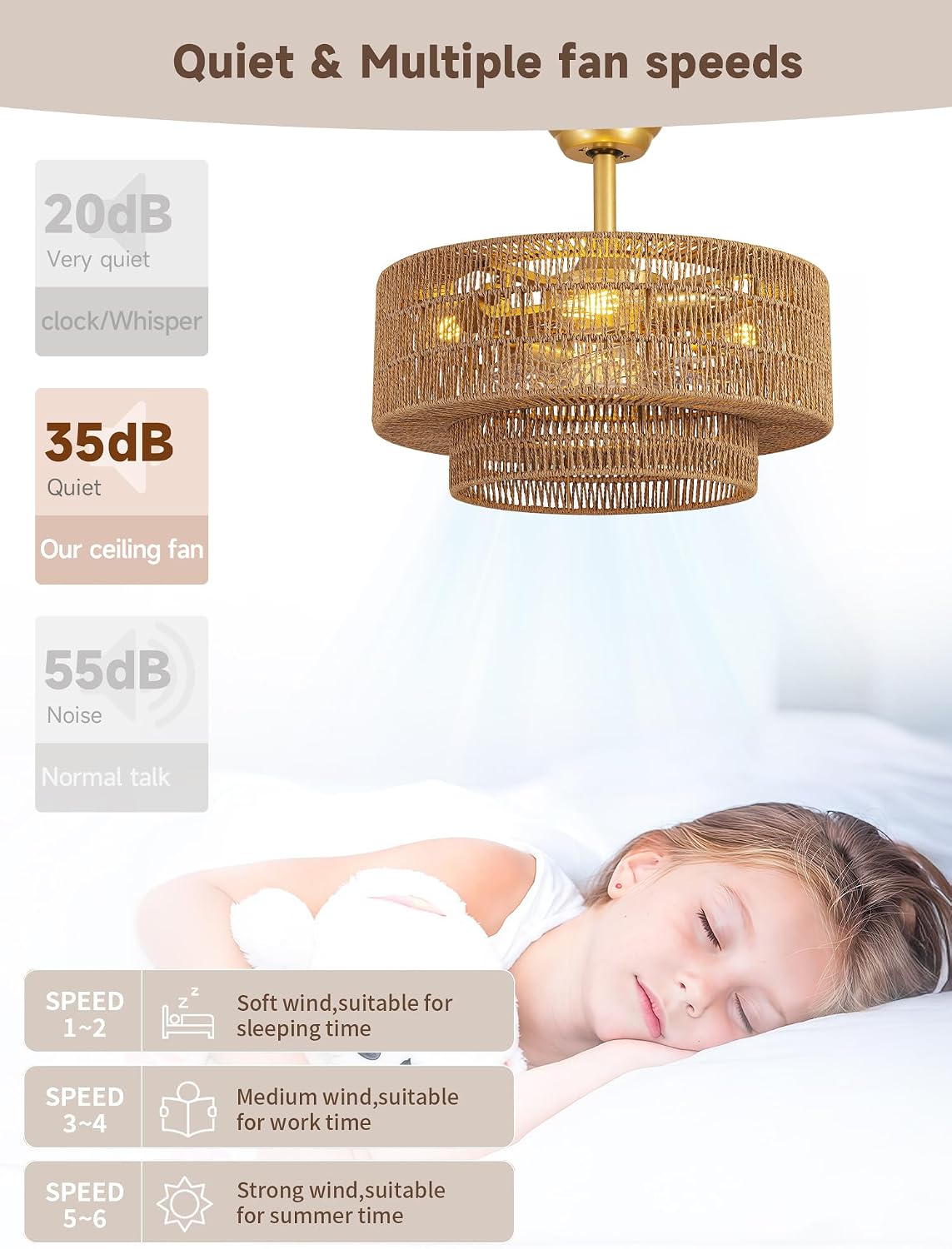 Ventilador techo bohemio ratán luces 6 velocidades