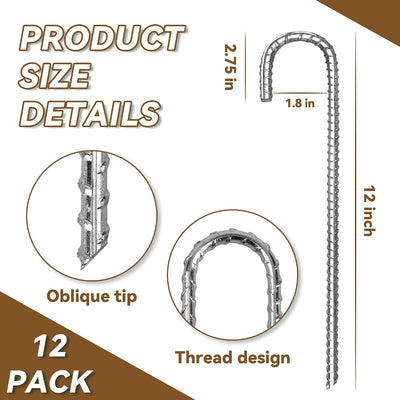 12 Estacas Acero Inox 12" Gancho J para Tienda de Campaña