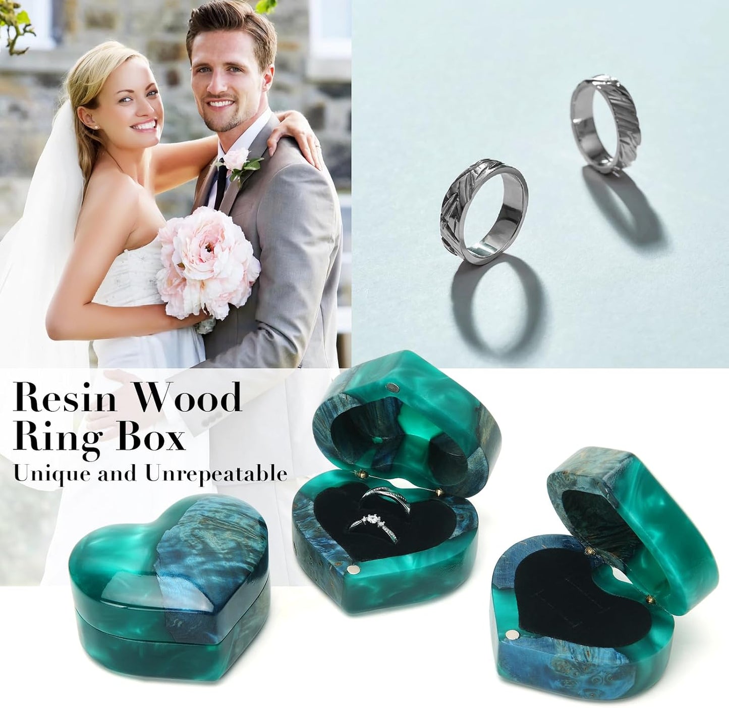 Caja anillo corazón madera resina terciopelo verde