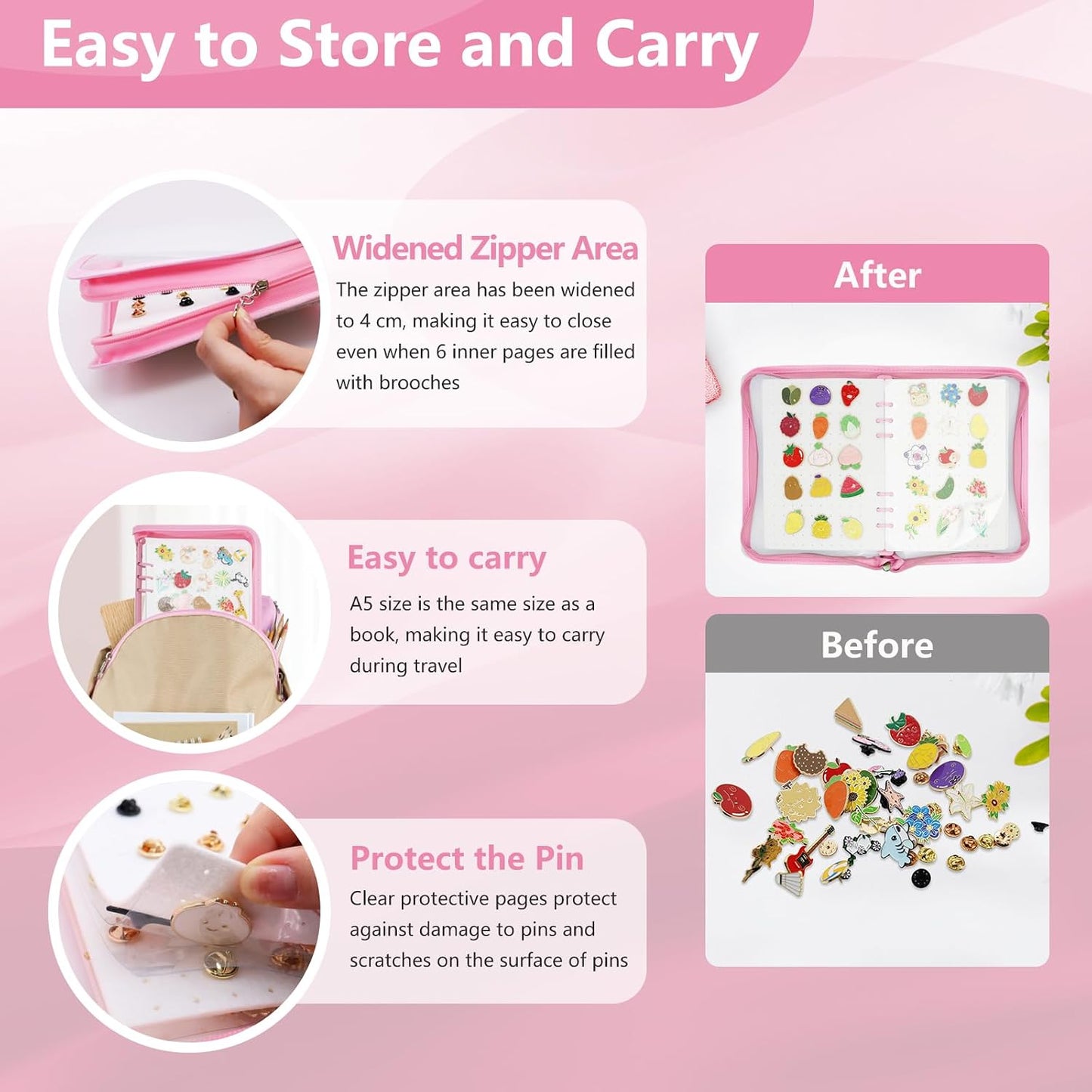 Libro broche A5 organiz. alfileres esmaltados rosa