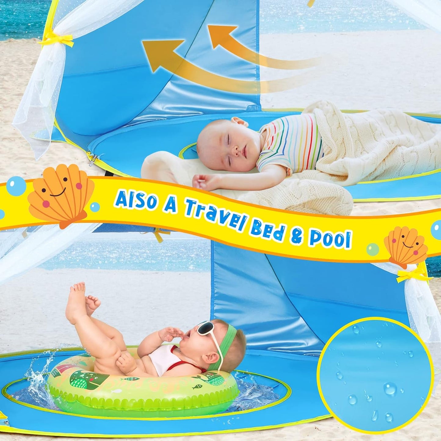 Tienda playa bebé UPF50 con toldo piscina fácil instalar